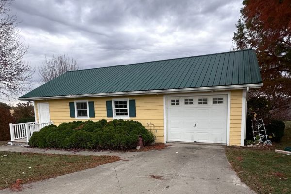 Charming single-story yellow house with a green metal roof, white garage door and trim, dark green shutters, concrete driveway, and front landscaping with bushes.